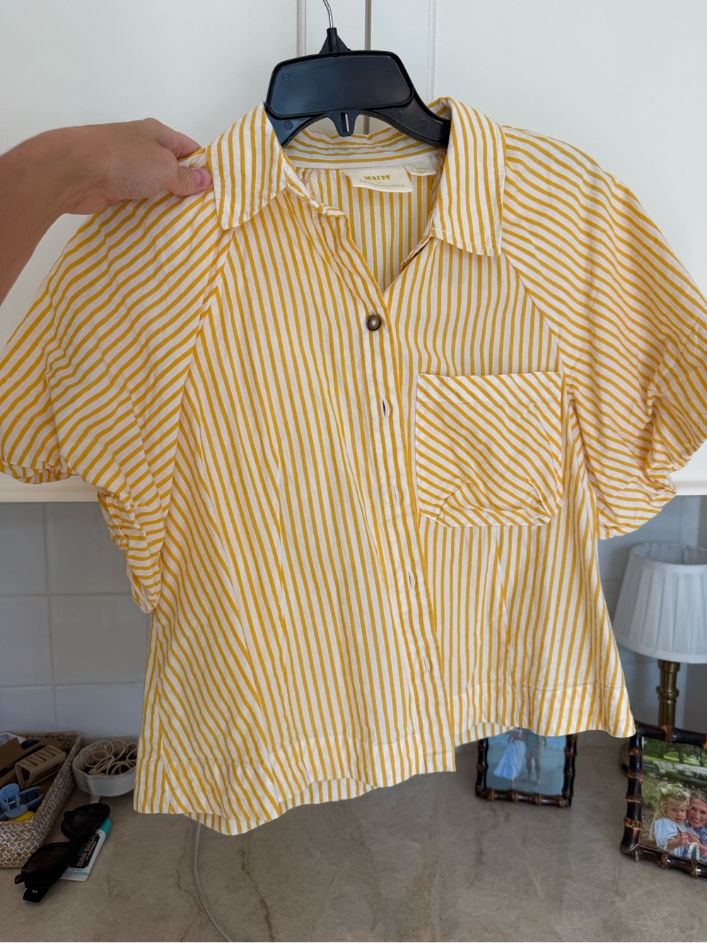 Mauve Yellow Striped Button-Front Blouse